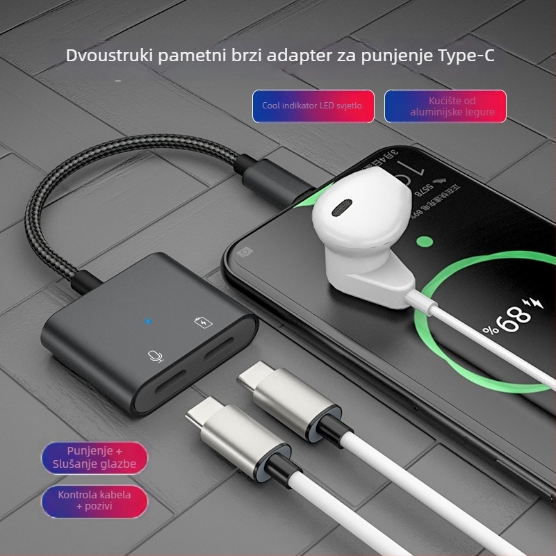 Type-C audio adapter s 3,5 mm priključkom, 2-in-1 spojnik za slušalice, Android kompatibilan, U-Shield, 60W