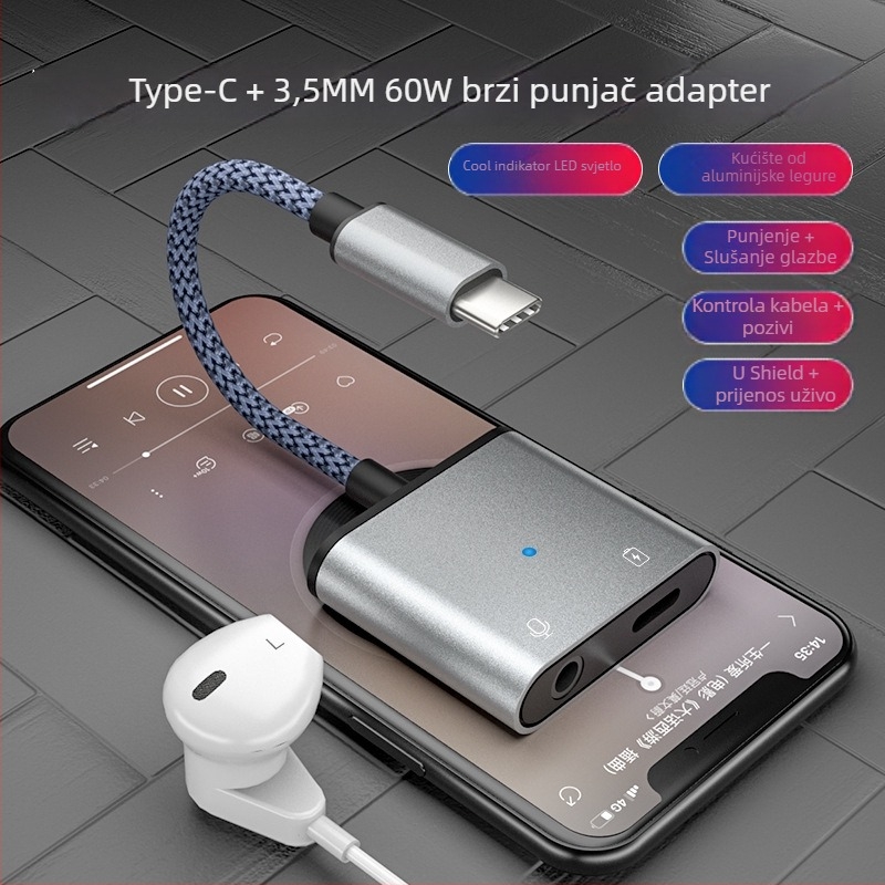 Type-C audio adapter s 3,5 mm priključkom, 2-in-1 spojnik za slušalice, Android kompatibilan, U-Shield, 60W