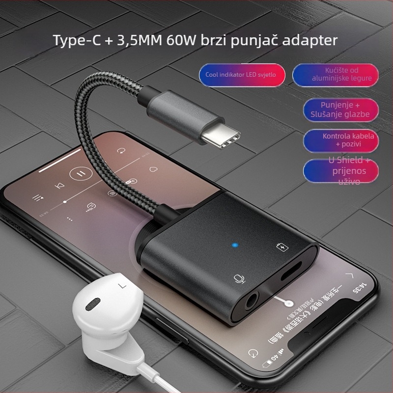 Type-C audio adapter s 3,5 mm priključkom, 2-in-1 spojnik za slušalice, Android kompatibilan, U-Shield, 60W