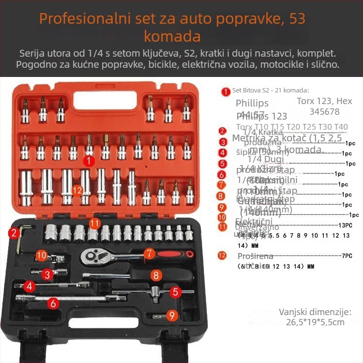 108-dijelni set alata za popravak automobila | alati od ugljičnog čelika | plastična kutija | 1,6 kg | model 108 | za popravak automobila, bicikala i kućnu upotrebu