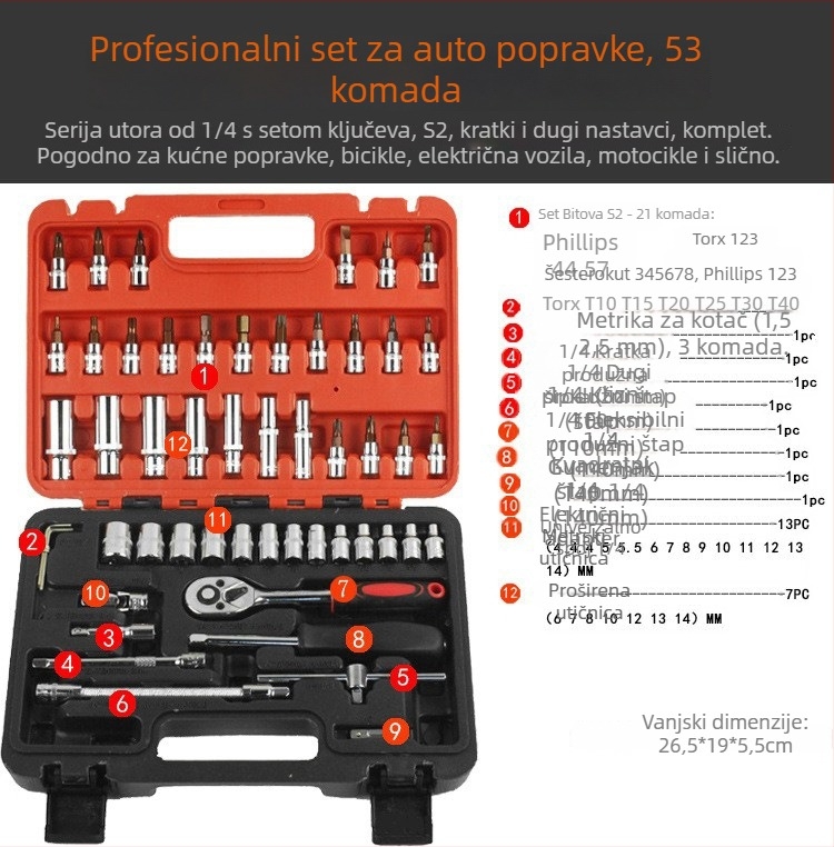 108-dijelni set alata za popravak automobila | alati od ugljičnog čelika | plastična kutija | 1,6 kg | model 108 | za popravak automobila, bicikala i kućnu upotrebu