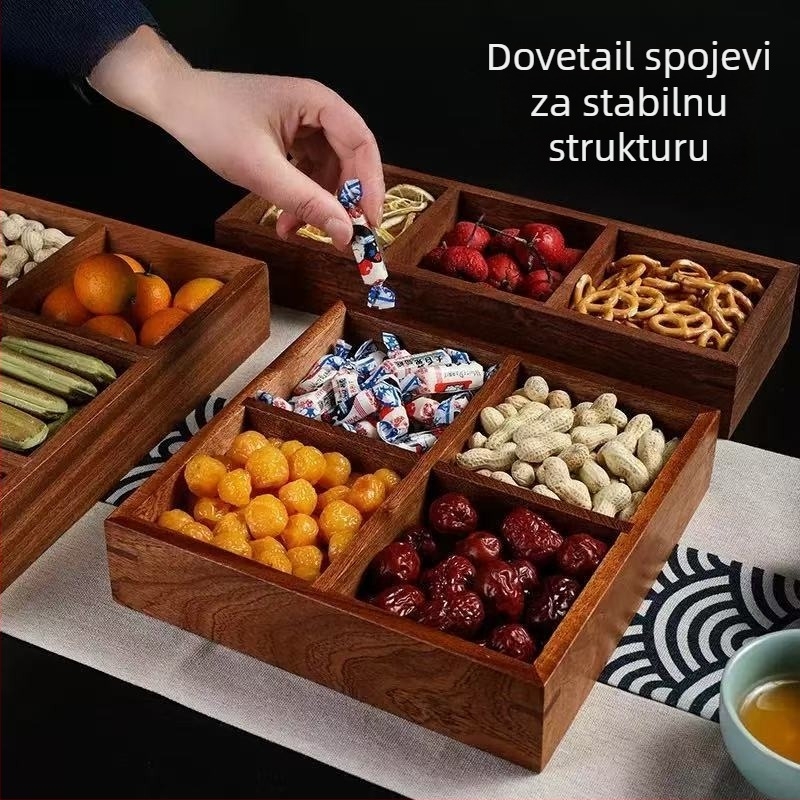Drvena kutija za stolnu površinu s više odjeljaka za voće i suho voće — prirodno drvo, model s višestrukim odjeljcima, bez obrade željeza, prilagodba dostupna