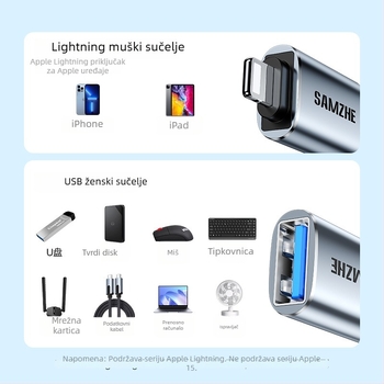 Lightning na USB-OTG adaptor s USB-C PD napajanjem za mobilne telefone