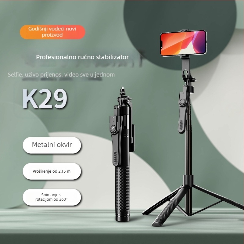 K29 Bluetooth Selfie Štip s Ručnim Stabilizatorom, Anti‑treperenje, LED Rasvjeta, Tijelo od Legure, Daljinski Upravljač Uključen, Univerzalni Podni Stativ