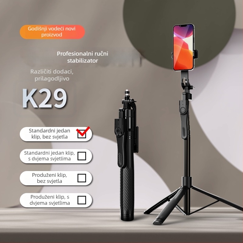K29 Bluetooth Selfie Štip s Ručnim Stabilizatorom, Anti‑treperenje, LED Rasvjeta, Tijelo od Legure, Daljinski Upravljač Uključen, Univerzalni Podni Stativ