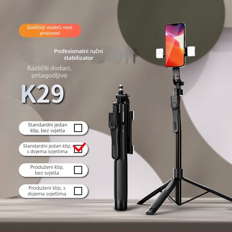 K29 Bluetooth Selfie Štip s Ručnim Stabilizatorom, Anti‑treperenje, LED Rasvjeta, Tijelo od Legure, Daljinski Upravljač Uključen, Univerzalni Podni Stativ