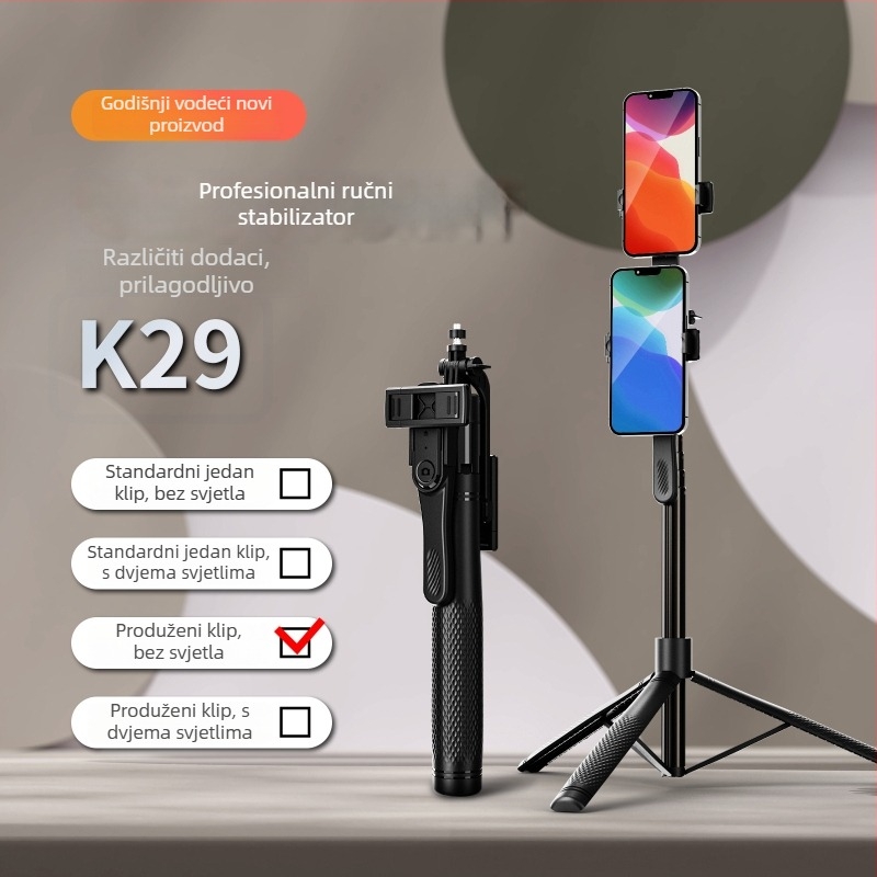 K29 Bluetooth Selfie Štip s Ručnim Stabilizatorom, Anti‑treperenje, LED Rasvjeta, Tijelo od Legure, Daljinski Upravljač Uključen, Univerzalni Podni Stativ