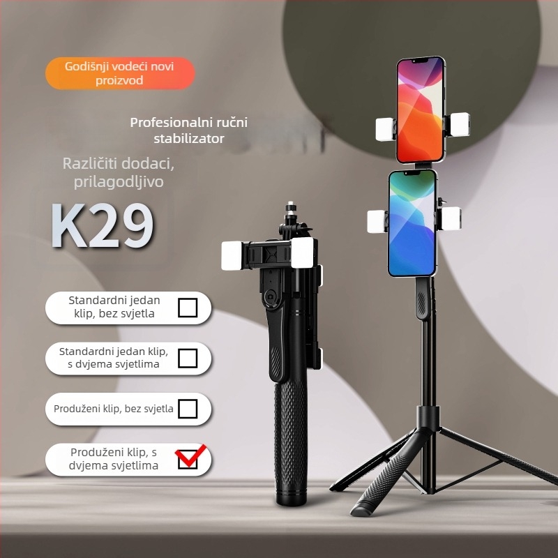 K29 Bluetooth Selfie Štip s Ručnim Stabilizatorom, Anti‑treperenje, LED Rasvjeta, Tijelo od Legure, Daljinski Upravljač Uključen, Univerzalni Podni Stativ