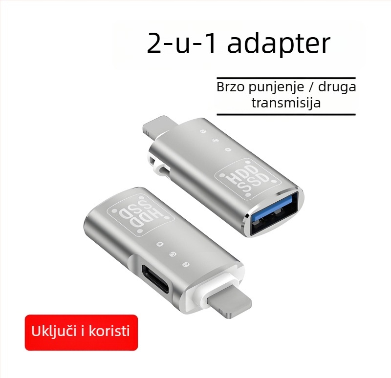 Metalni OTG adapter Type-C na Lightning za brzo prijenos podataka na USB disk i slušalice.