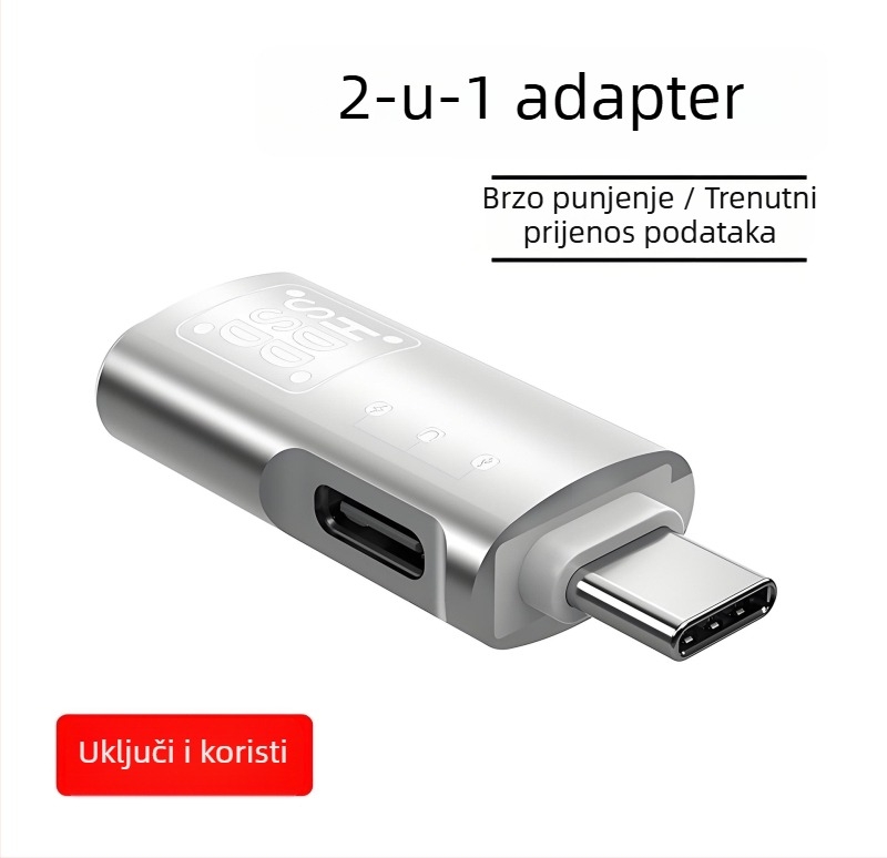 Metalni OTG adapter Type-C na Lightning za brzo prijenos podataka na USB disk i slušalice.