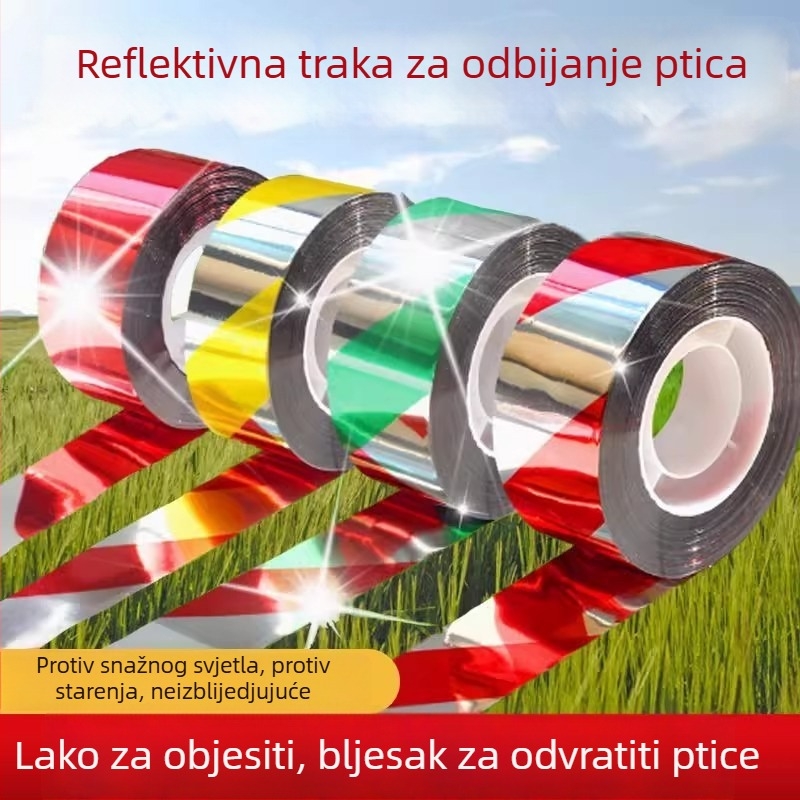 Traka za odbijanje ptica za polja, PET materijal, reflektirajuća, s bljeskom, ojačana
