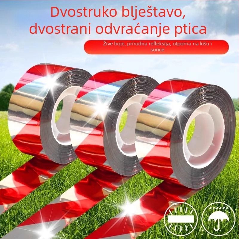 Traka za odbijanje ptica za polja, PET materijal, reflektirajuća, s bljeskom, ojačana