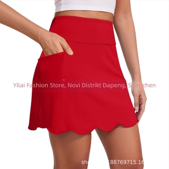 Ženska kratka sportska suknja s visokim strukom i mrežastim panelima, poliester, za trening i jogu, ljeto 2025