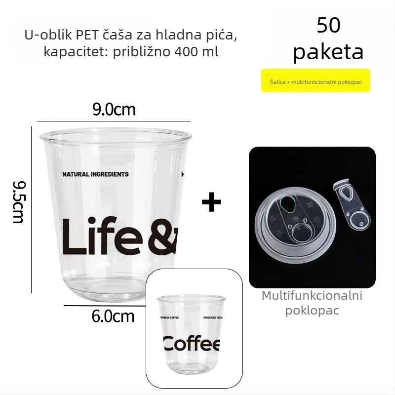Jednokratna PET šalica za kavu s poklopcem, okruglog oblika, kapacitet 301–400 ml, PET plast, mogućnost prilagodbe
