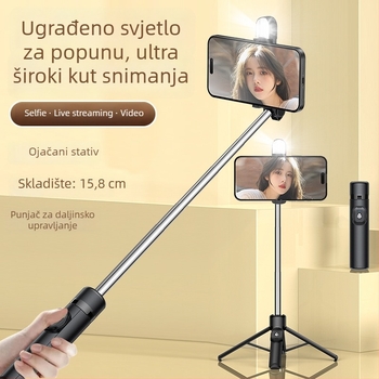 Mali selfie štapić s kvadropodom, rasvjeta, Bluetooth daljinski upravljač, ABS + nerđajući čelik, univerzalno za telefon, za selfie i livestream