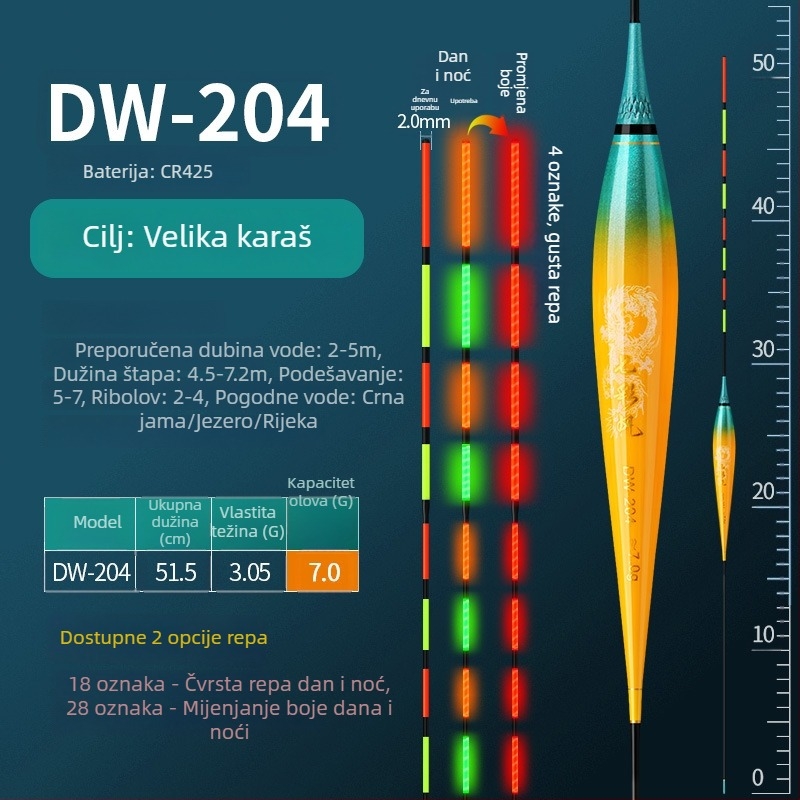 Vertical drift plovak – svjetleći, čvrsti vrh, debelo tijelo, Nano materijal, dnevna i noćna upotreba