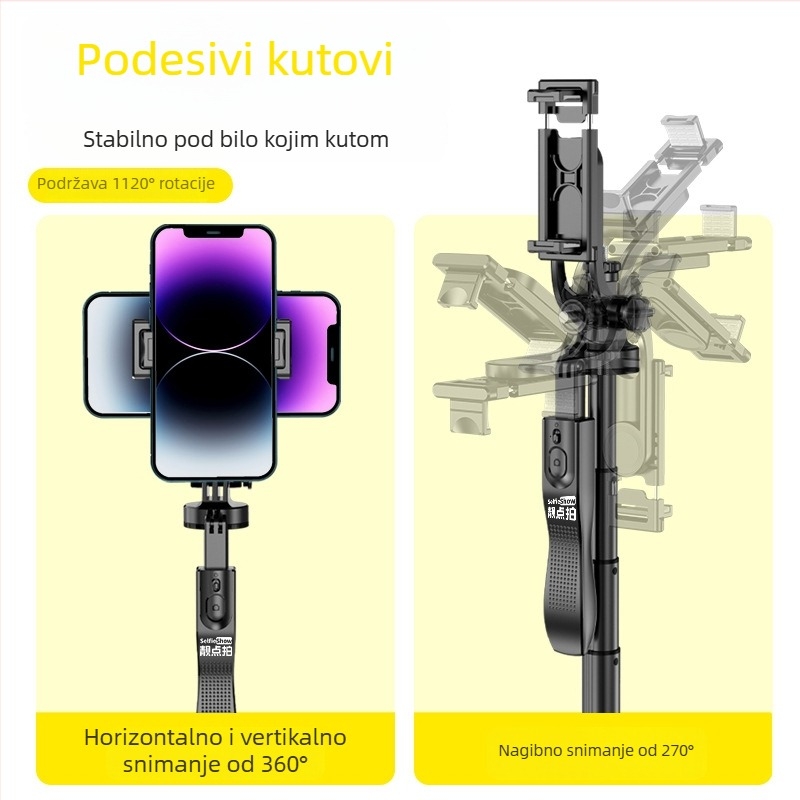 Proširena selfie štapić s trostrukim stativom, Bluetooth stabilizacija, teleskopski držač za telefon na podu, prilagodba logotipa, daljinski upravljač uključen