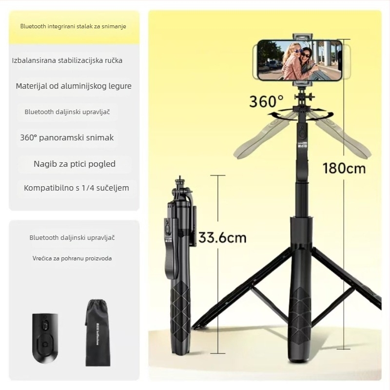 Proširena selfie štapić s trostrukim stativom, Bluetooth stabilizacija, teleskopski držač za telefon na podu, prilagodba logotipa, daljinski upravljač uključen