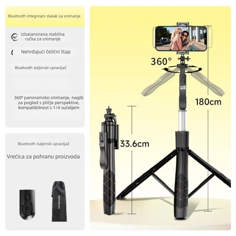 Proširena selfie štapić s trostrukim stativom, Bluetooth stabilizacija, teleskopski držač za telefon na podu, prilagodba logotipa, daljinski upravljač uključen