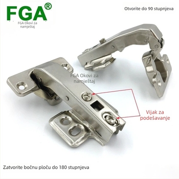 Hidraulični šarki za vrata ormara FG-90, 180° otvaranje, promjer rupe 35 mm, hladno valjani čelik, niklovani premaz