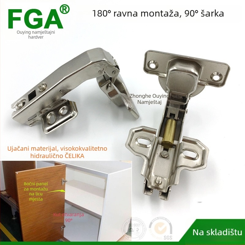 Hidraulični šarki za vrata ormara FG-90, 180° otvaranje, promjer rupe 35 mm, hladno valjani čelik, niklovani premaz