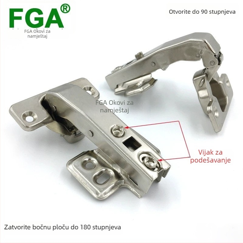 Hidraulični šarki za vrata ormara FG-90, 180° otvaranje, promjer rupe 35 mm, hladno valjani čelik, niklovani premaz