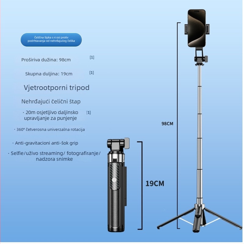 Prijenosni mini Bluetooth selfie štap s podnim stativom – aluminijsko tijelo, daljinski upravljač, stabilizacija slike i rasvjeta