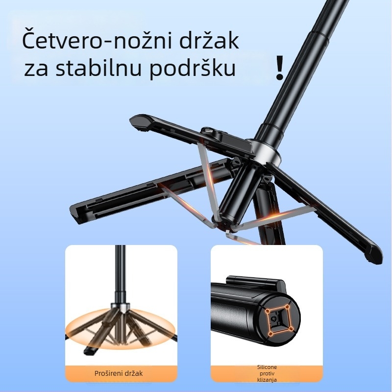 Prijenosni mini Bluetooth selfie štap s podnim stativom – aluminijsko tijelo, daljinski upravljač, stabilizacija slike i rasvjeta
