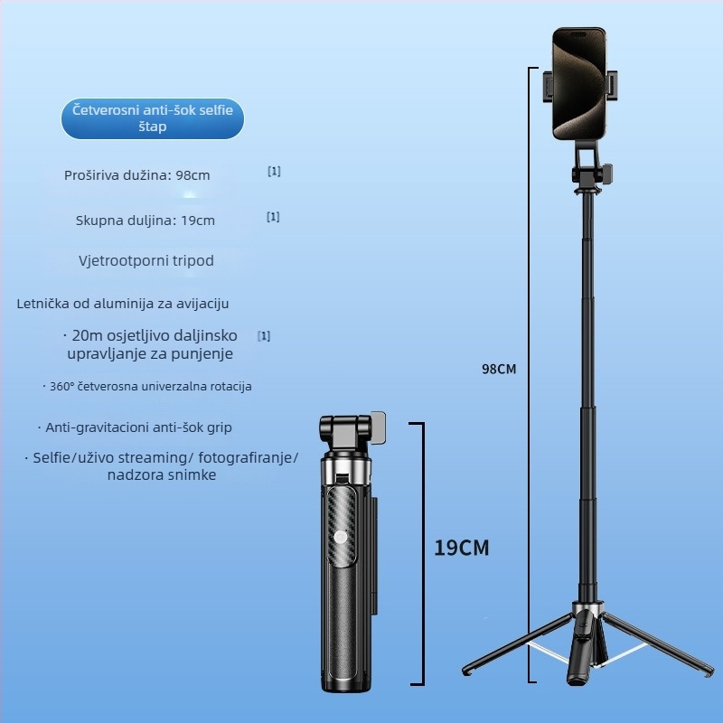 Prijenosni mini Bluetooth selfie štap s podnim stativom – aluminijsko tijelo, daljinski upravljač, stabilizacija slike i rasvjeta
