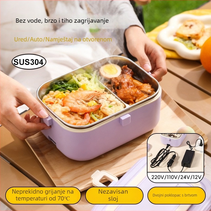 Kutija za obrok od 304 nehrđajućeg čelika, izolirana, s električnim grijanjem, kapacitet 0,8–1,0 L, zapečaćena s djeljivim rešetkama
