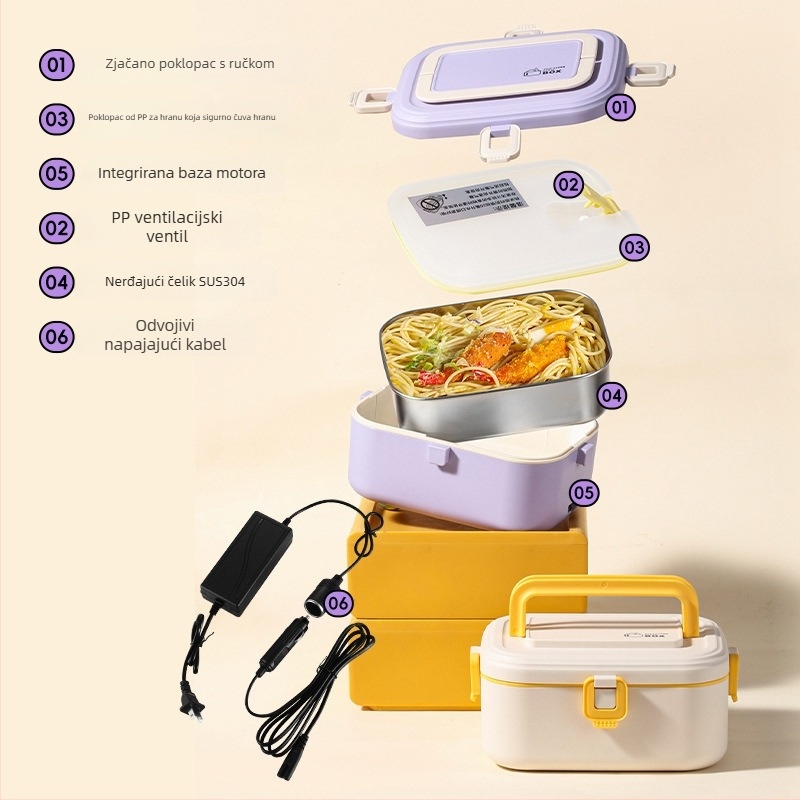 Kutija za obrok od 304 nehrđajućeg čelika, izolirana, s električnim grijanjem, kapacitet 0,8–1,0 L, zapečaćena s djeljivim rešetkama