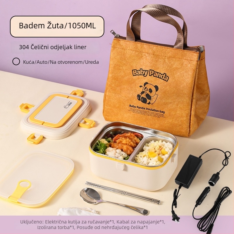 Kutija za obrok od 304 nehrđajućeg čelika, izolirana, s električnim grijanjem, kapacitet 0,8–1,0 L, zapečaćena s djeljivim rešetkama