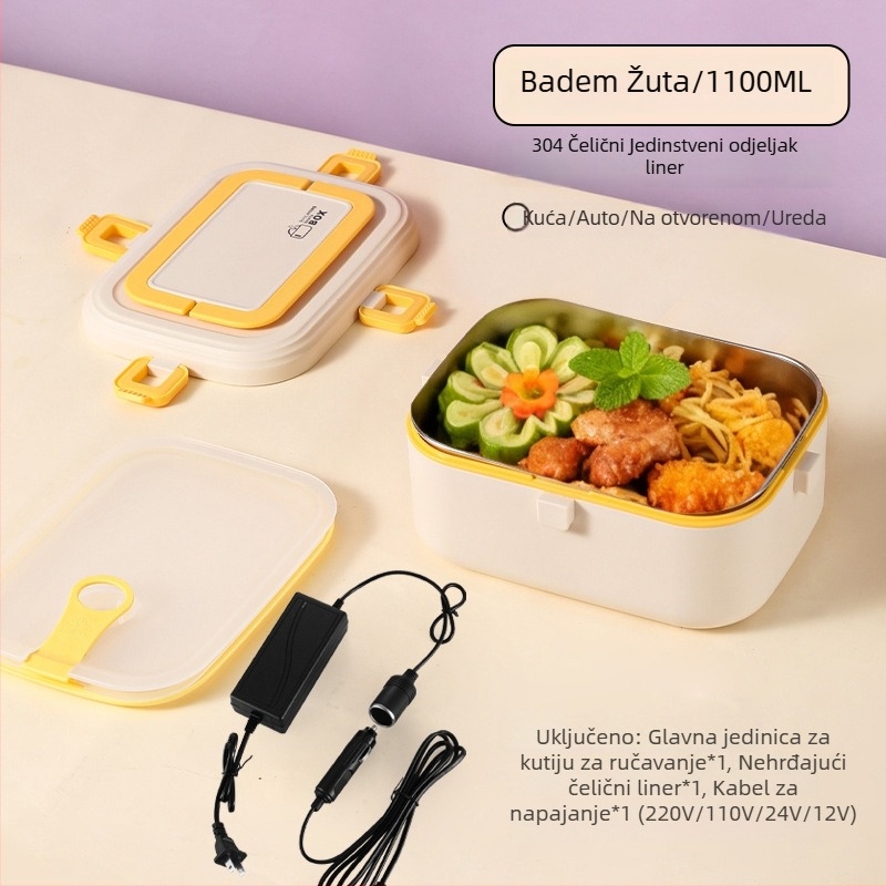 Kutija za obrok od 304 nehrđajućeg čelika, izolirana, s električnim grijanjem, kapacitet 0,8–1,0 L, zapečaćena s djeljivim rešetkama