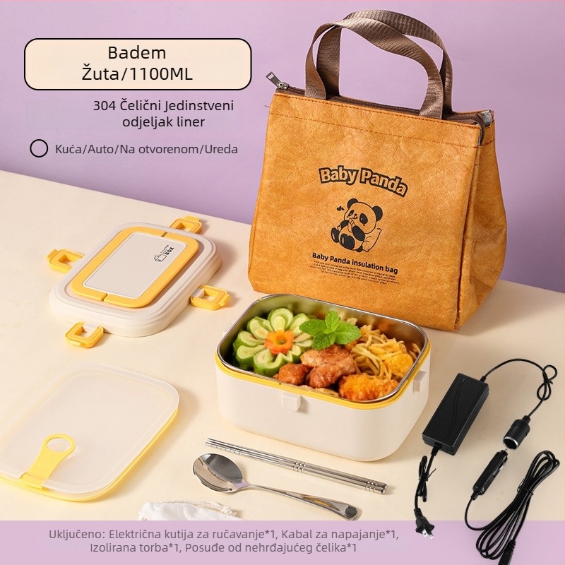 Kutija za obrok od 304 nehrđajućeg čelika, izolirana, s električnim grijanjem, kapacitet 0,8–1,0 L, zapečaćena s djeljivim rešetkama