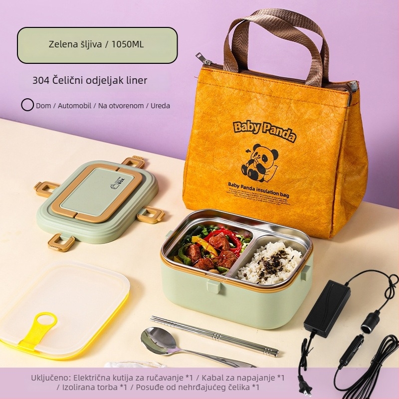 Kutija za obrok od 304 nehrđajućeg čelika, izolirana, s električnim grijanjem, kapacitet 0,8–1,0 L, zapečaćena s djeljivim rešetkama