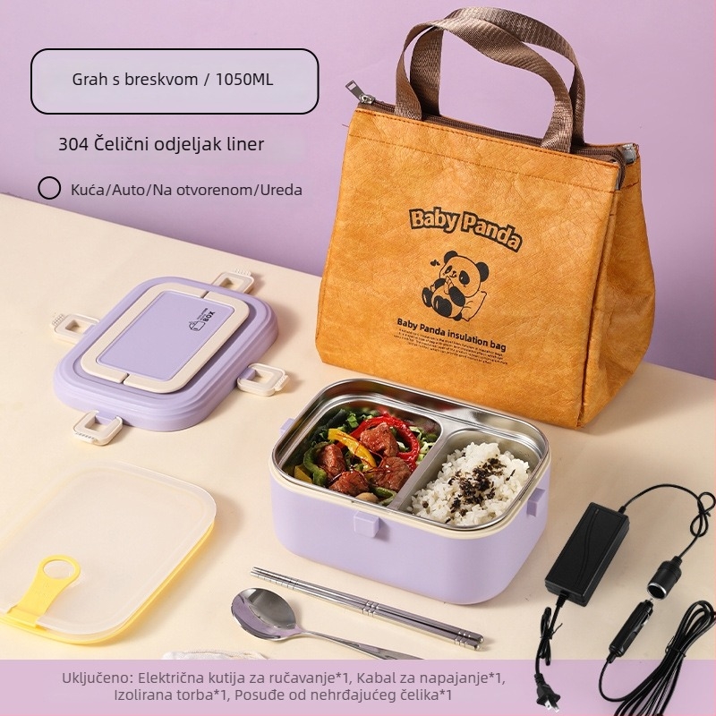 Kutija za obrok od 304 nehrđajućeg čelika, izolirana, s električnim grijanjem, kapacitet 0,8–1,0 L, zapečaćena s djeljivim rešetkama