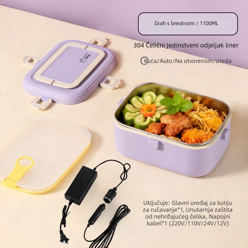 Kutija za obrok od 304 nehrđajućeg čelika, izolirana, s električnim grijanjem, kapacitet 0,8–1,0 L, zapečaćena s djeljivim rešetkama