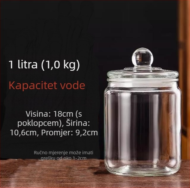 Staklena hermetički zatvorena posuda za kuhinjsku pohranu hrane, vlagnost otpornost, okruglog oblika, mikrovalna sigurnost, za listiće čaja, žitarice, med i sušenu koru mandarine