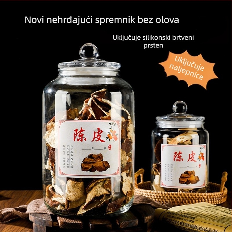 Staklena hermetički zatvorena posuda za kuhinjsku pohranu hrane, vlagnost otpornost, okruglog oblika, mikrovalna sigurnost, za listiće čaja, žitarice, med i sušenu koru mandarine