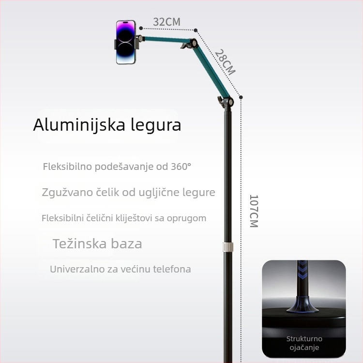 Stalak za telefon za nadzorno snimanje s podnom bazom, anti-tresenje, aluminijska legura, za livestream i snimanje vlogova