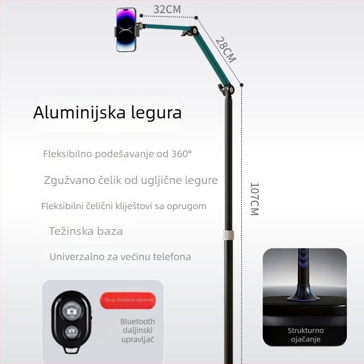 Stalak za telefon za nadzorno snimanje s podnom bazom, anti-tresenje, aluminijska legura, za livestream i snimanje vlogova