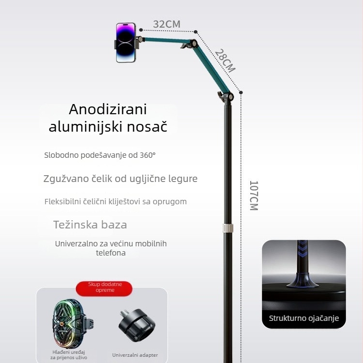 Stalak za telefon za nadzorno snimanje s podnom bazom, anti-tresenje, aluminijska legura, za livestream i snimanje vlogova