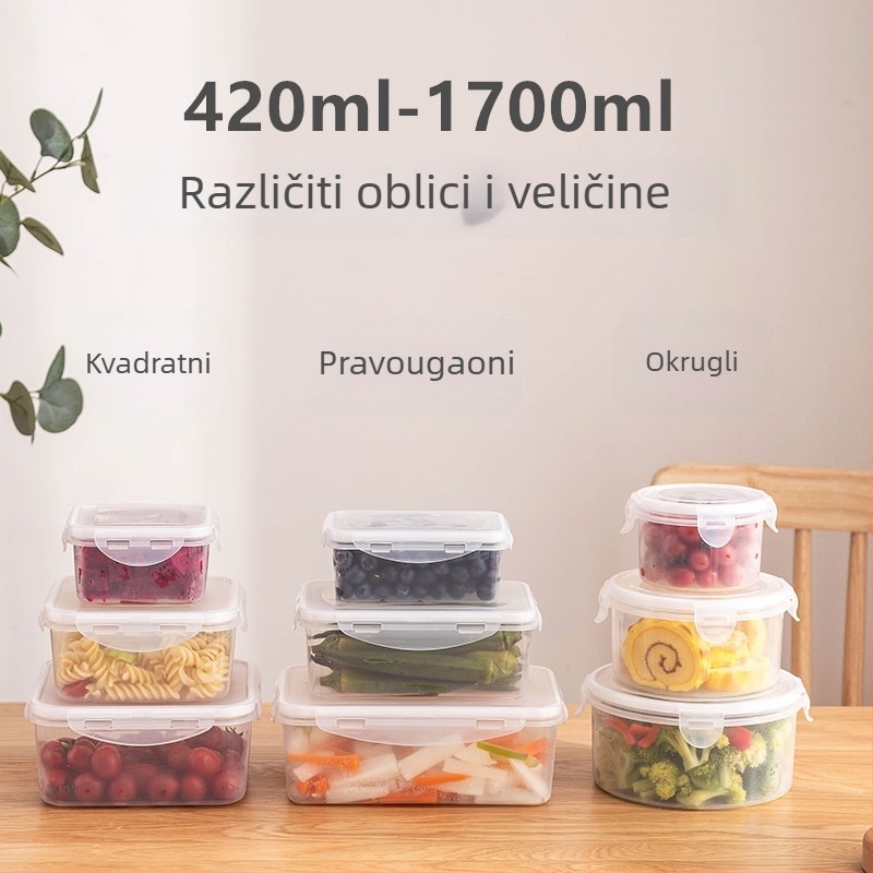 Pravokutni plastični set kutija za čuvanje hrane, kapacitet 1–2 L, mikrovalna sigurna, s jednim slojem