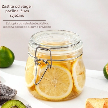 Staklena posuda za skladištenje s kukicom poklopca, kvaliteta hrane, prozirna, okrugla, zapremina 800–1000 ml, otisnut logotip