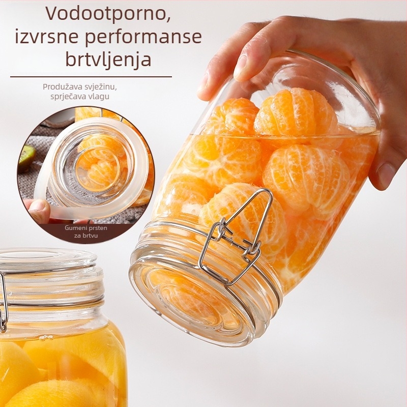 Staklena posuda za skladištenje s kukicom poklopca, kvaliteta hrane, prozirna, okrugla, zapremina 800–1000 ml, otisnut logotip