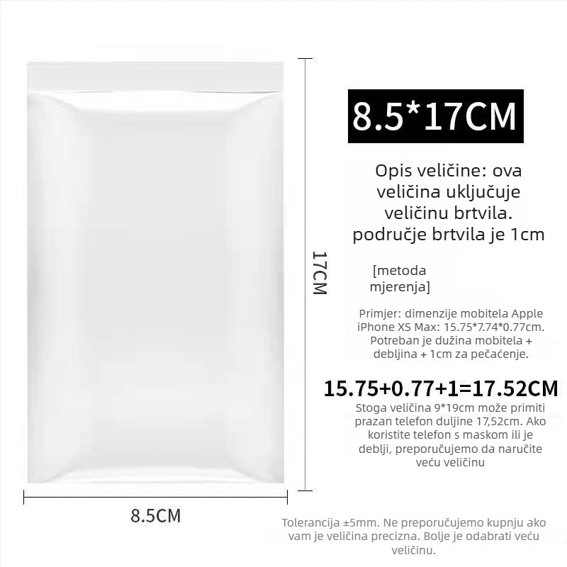 Prozirna LDPE vrećica s automatskim zatvaranjem za medicinsku zaštitu mobilnog telefona, za liječnike i medicinske sestre, kompatibilna s dodirnim zaslonom, zatvarač 1,5–2 cm