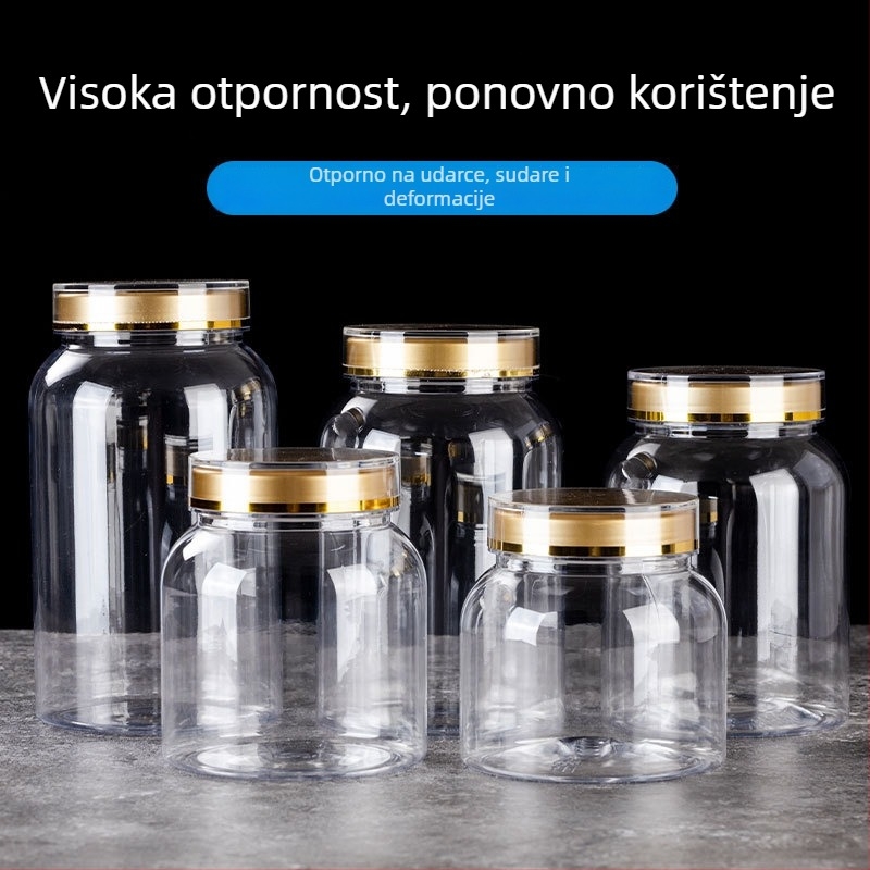 Plastična boca za zdravstvene proizvode s dvostrukim zlatnim poklopcem, prehrambena klasa, sadrži spore prašak i američki ženšen; moguć ispis logotipa; kapaciteti 800-1650 ml