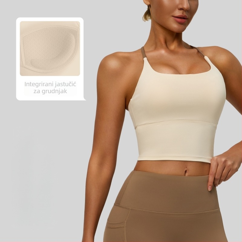 Ženski sportski top s križnim leđnim trakama, s umetkom za grudi, brzo sušeći poliester