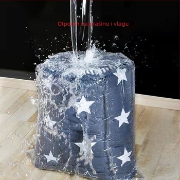 PE torba s plosnim otvorom za skladištenje odjeće i deka; povećana zapremnina, prašno i vodonepropusno pakiranje; materijal: plastika; proces: blown film; namijenjena skladištenju, pakiranju i preseljenju.