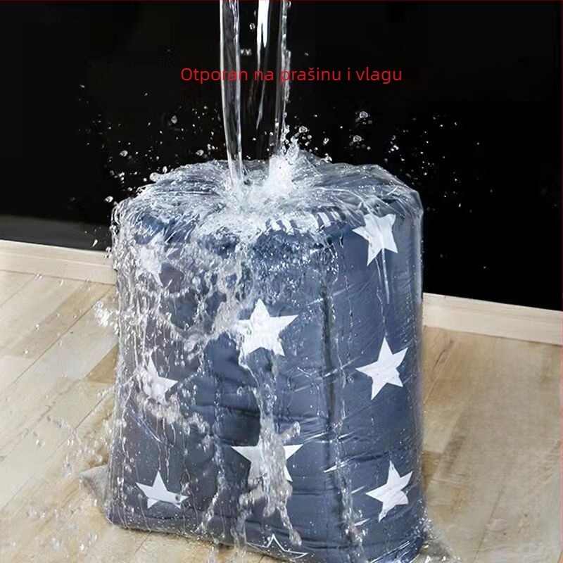 PE torba s plosnim otvorom za skladištenje odjeće i deka; povećana zapremnina, prašno i vodonepropusno pakiranje; materijal: plastika; proces: blown film; namijenjena skladištenju, pakiranju i preseljenju.